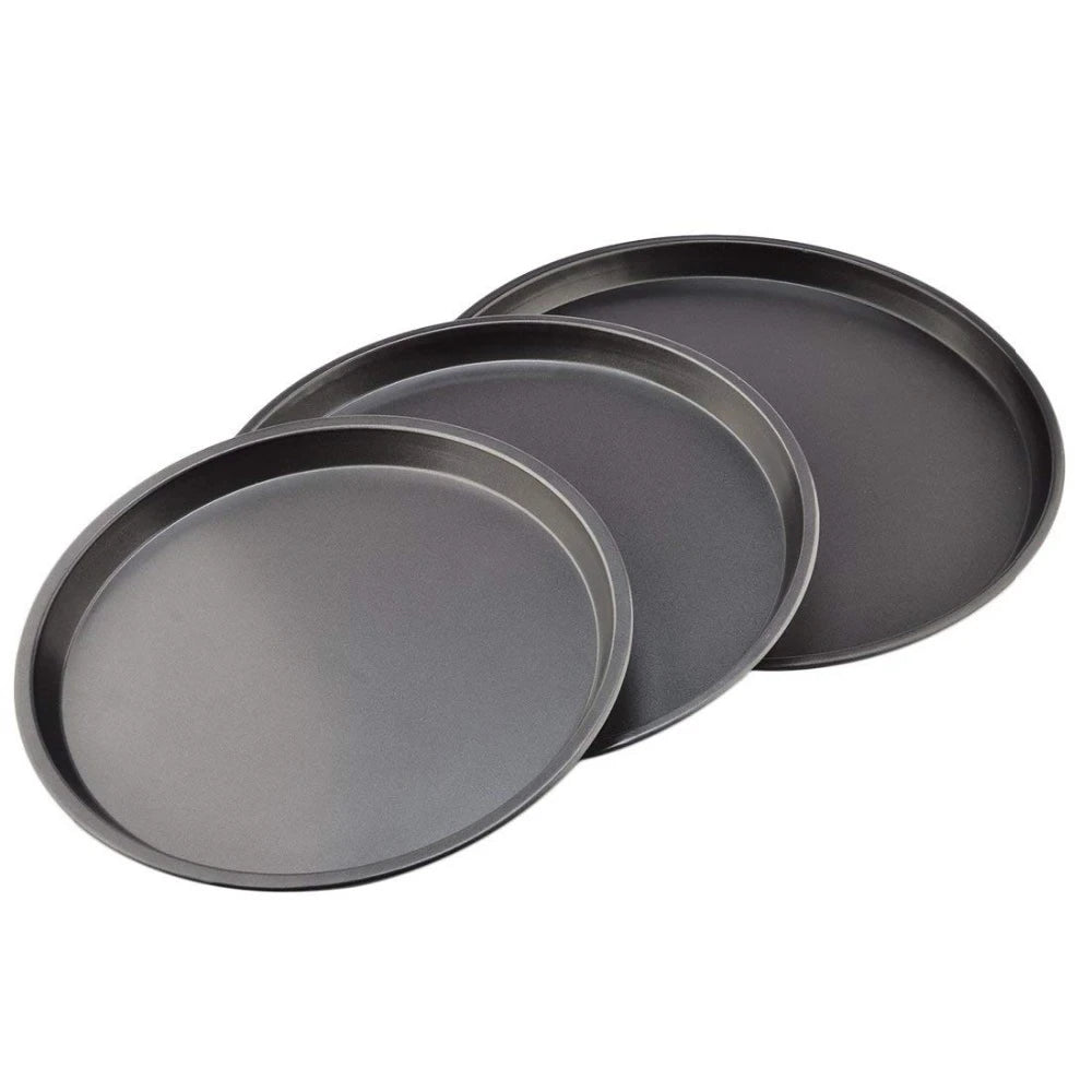 3-Piece Set Non-Stick Pizza Pan Bakeware Carbon Steel Pizza Plate Round Deep Dish - BLACK