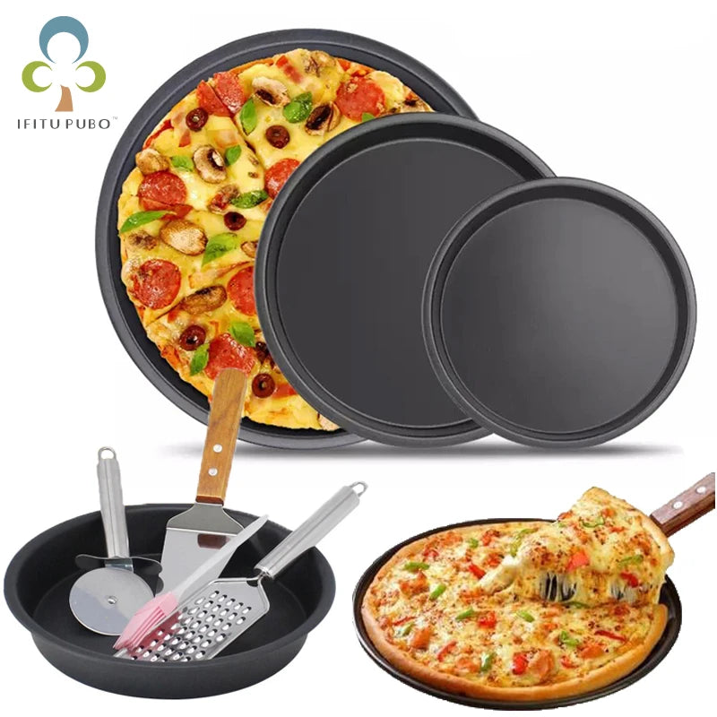 3-Piece Set Non-Stick Pizza Pan Bakeware Carbon Steel Pizza Plate Round Deep Dish - BLACK