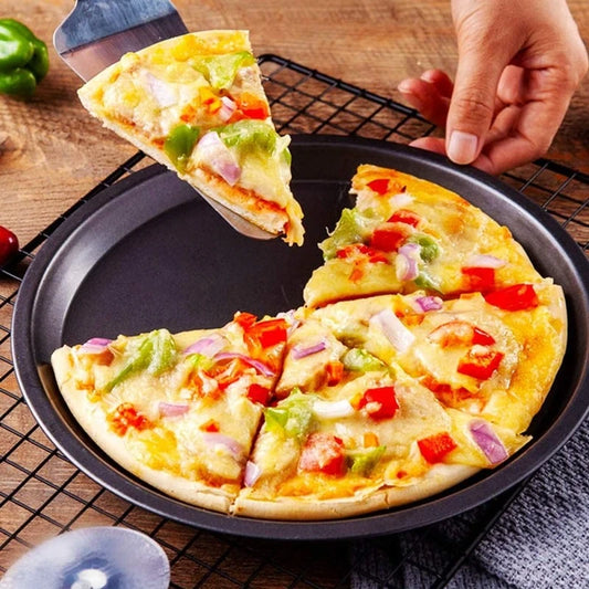 3-Piece Set Non-Stick Pizza Pan Bakeware Carbon Steel Pizza Plate Round Deep Dish - BLACK