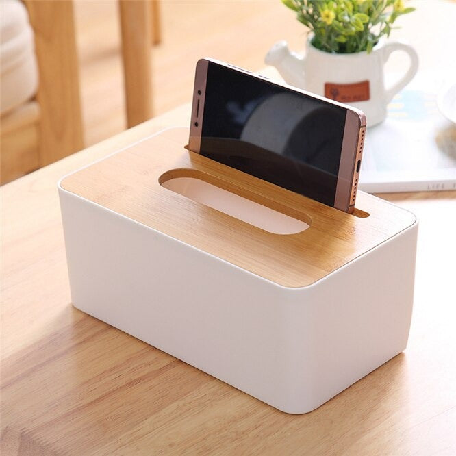 Wooden tissue box with mobile holder