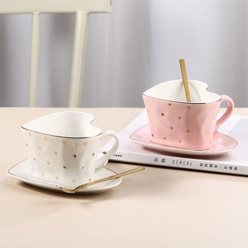 Heart Shape Polka Dot With Spoon and Saucer Mug