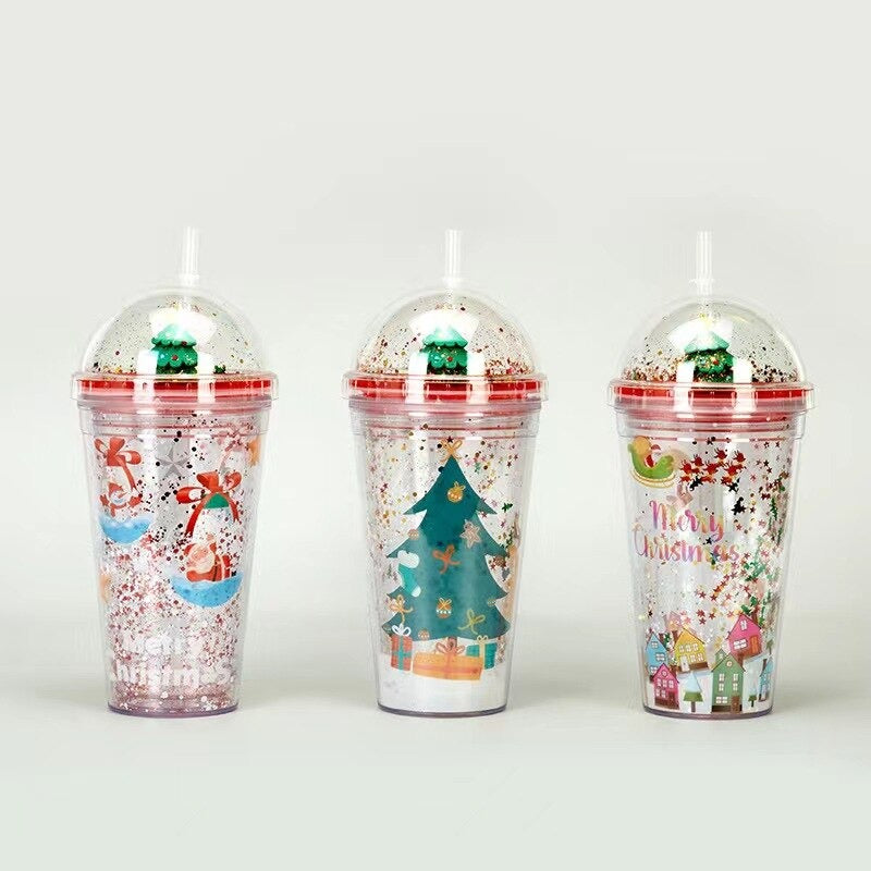 Christmas Micro Landscape Double Layer Plastic Straw Cup