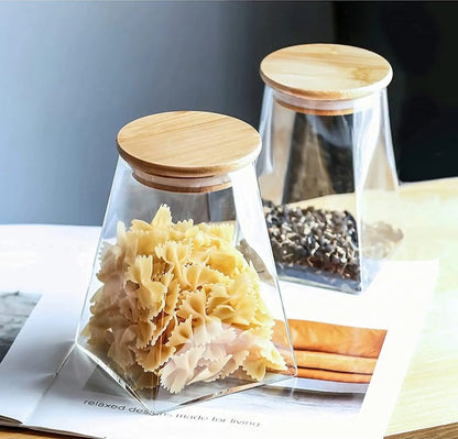 Borosilicate Glass Triangle Storage Jar with Bamboo Lid