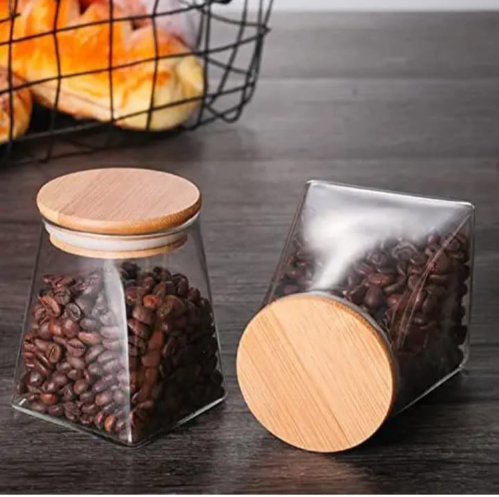 Borosilicate Glass Triangle Storage Jar with Bamboo Lid