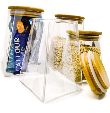 Borosilicate Glass Triangle Storage Jar with Bamboo Lid