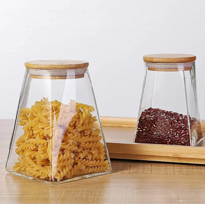 Borosilicate Glass Triangle Storage Jar with Bamboo Lid