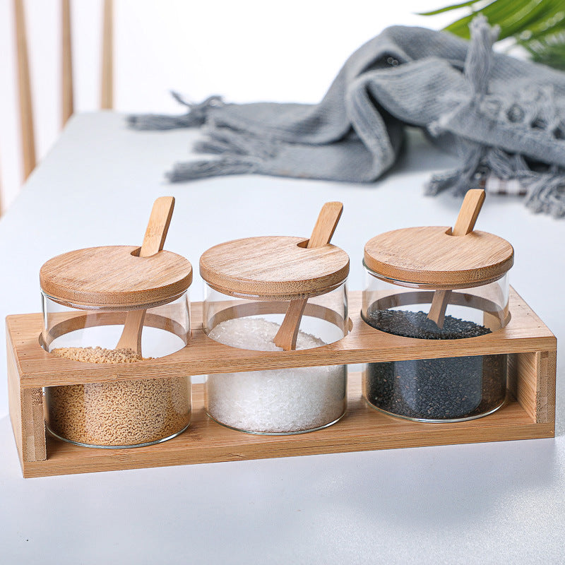 3 PCS Round Clear High Borosilicate Glass Spice Jar Set With Wooden Rack