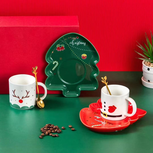 Santa and merry Christmas ceramic mug with tree shape plate with spoon