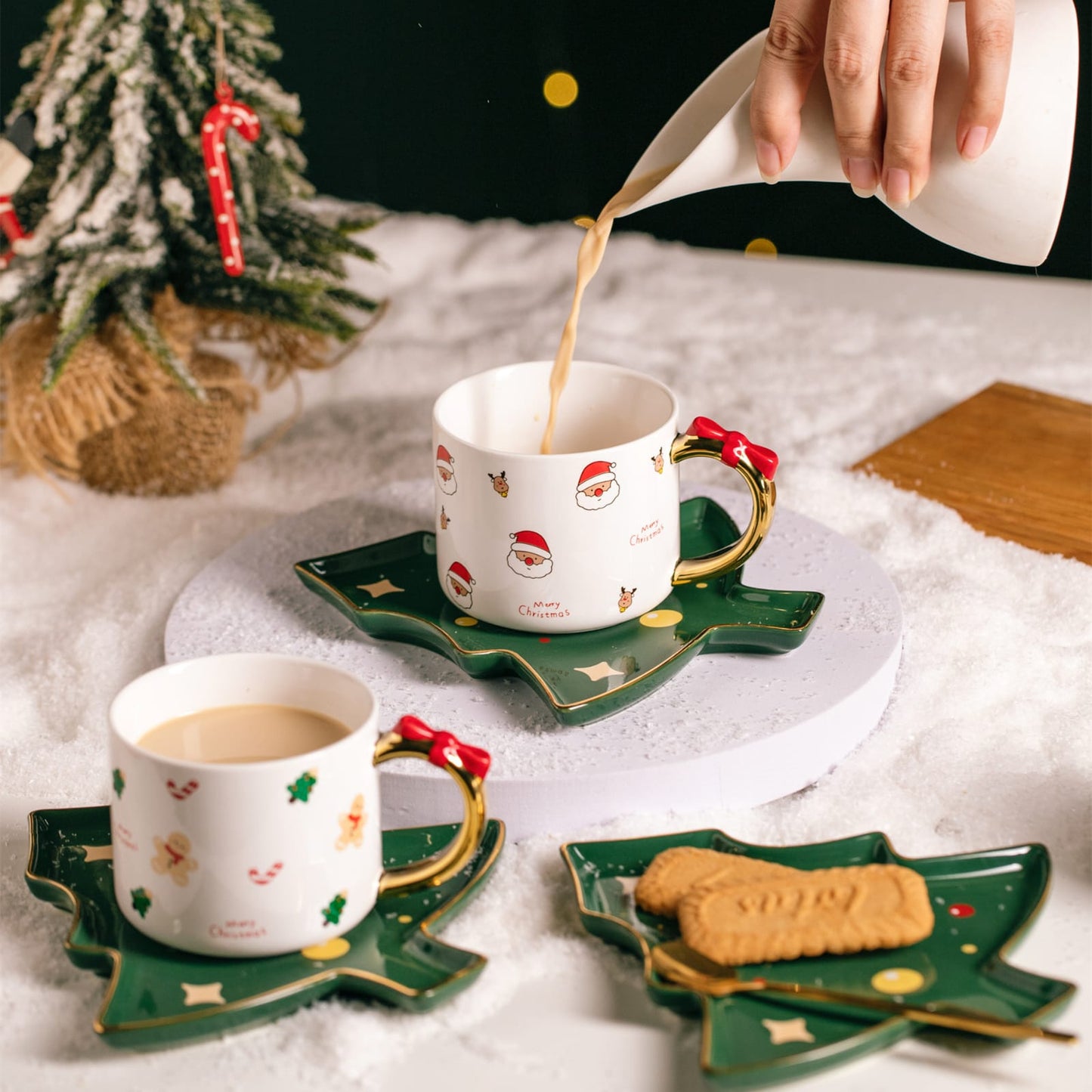 Santa Christmas bow mug with tree plate and spoon