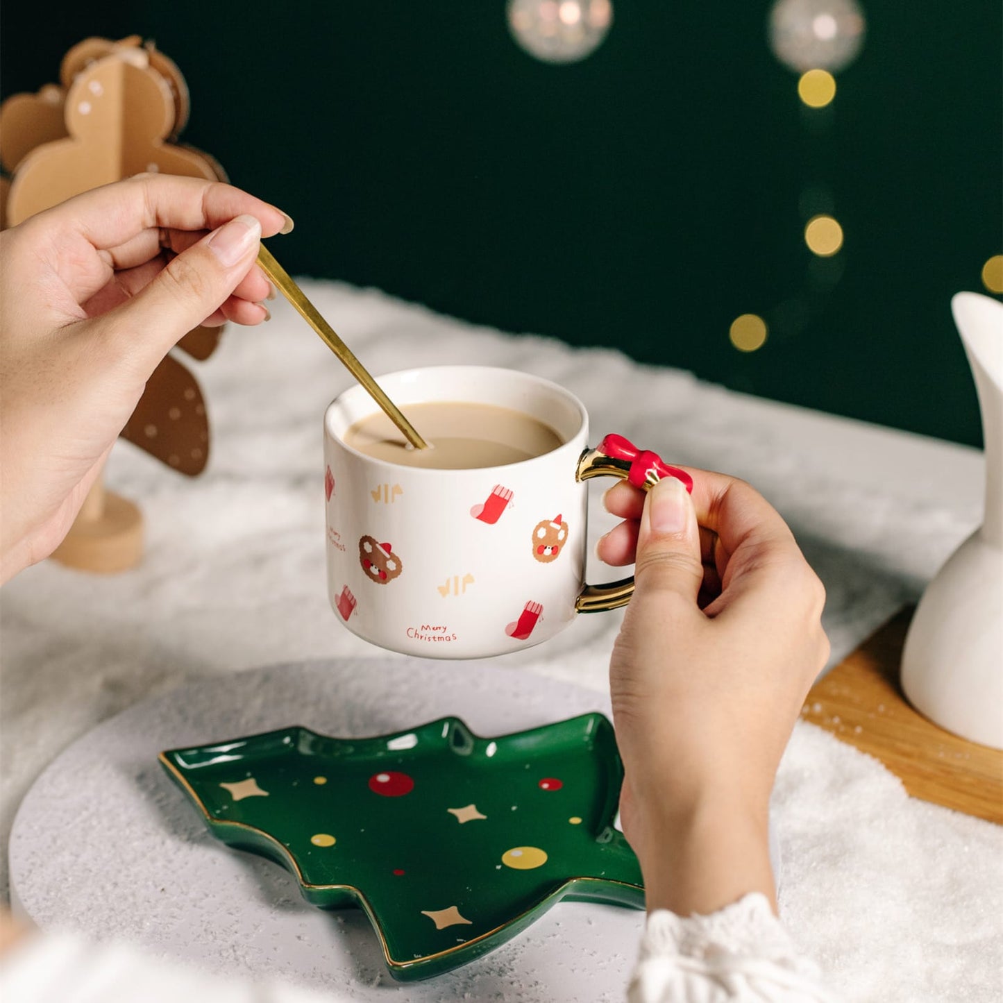 Santa Christmas bow mug with tree plate and spoon