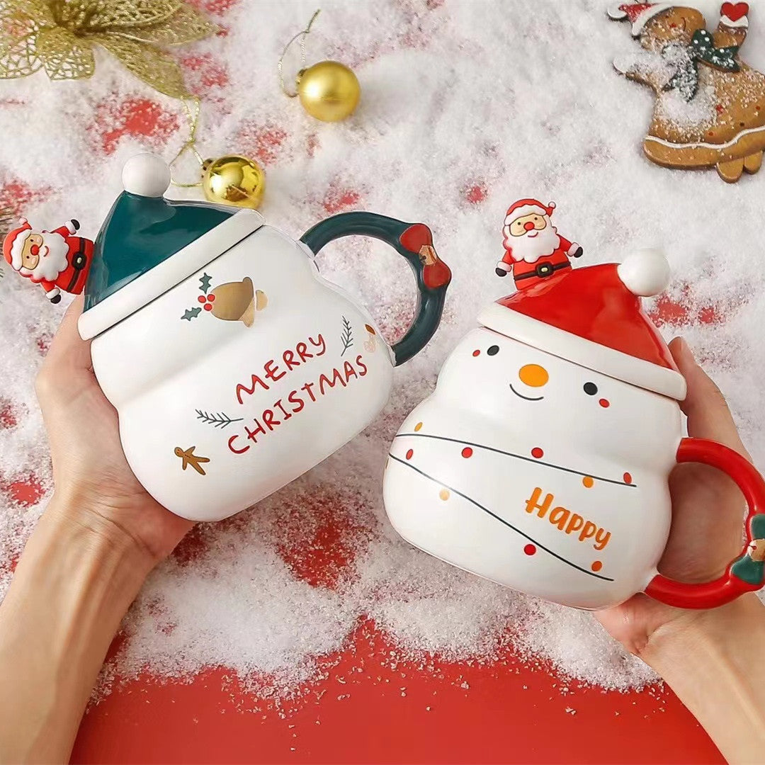 Snowman and Santa ceramic mug with lid and spoon