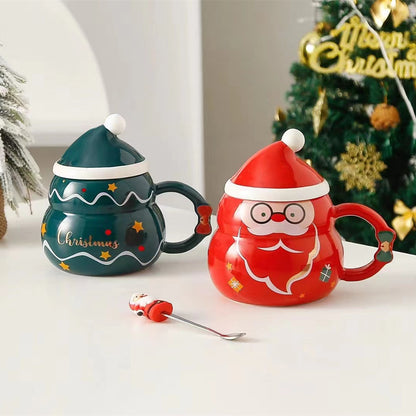 Snowman and Santa ceramic mug with lid and spoon