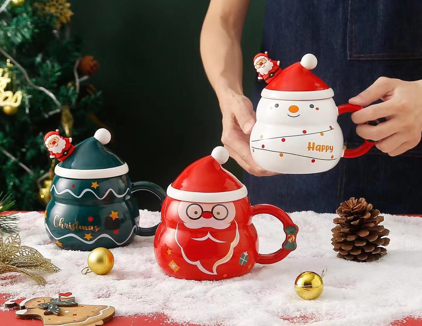 Snowman and Santa ceramic mug with lid and spoon