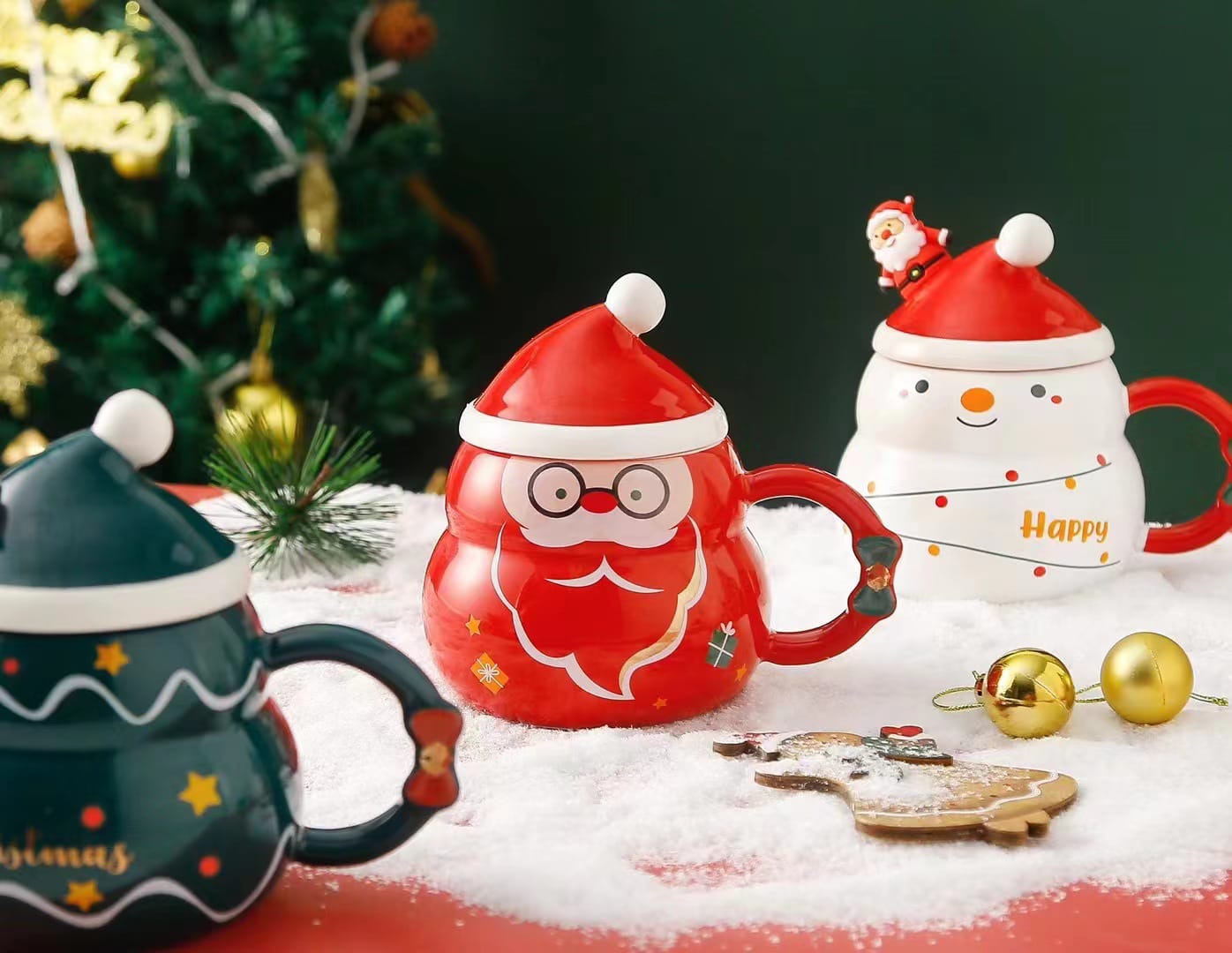 Snowman and Santa ceramic mug with lid and spoon