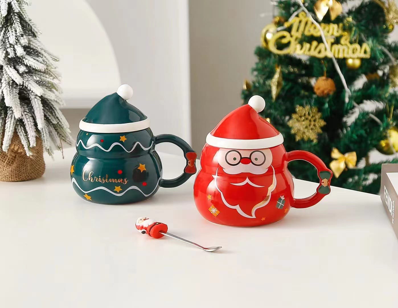 Snowman and Santa ceramic mug with lid and spoon