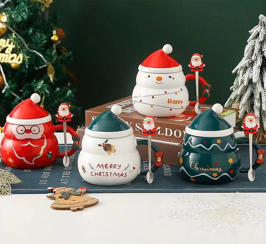 Snowman and Santa ceramic mug with lid and spoon