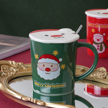 Santa print ceramic mug with santa lid and spoon