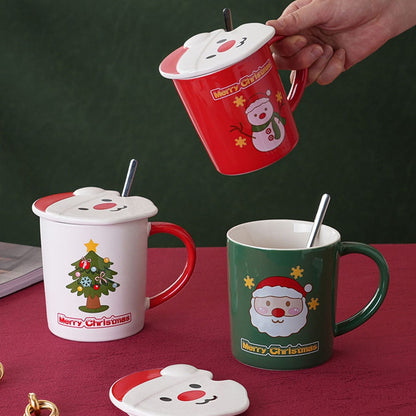 Santa print ceramic mug with santa lid and spoon