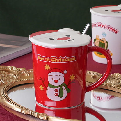 Santa print ceramic mug with santa lid and spoon