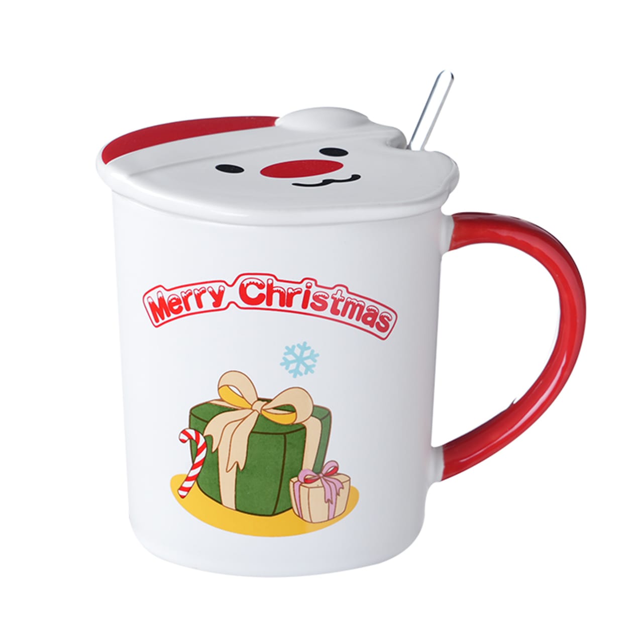 Santa print ceramic mug with santa lid and spoon