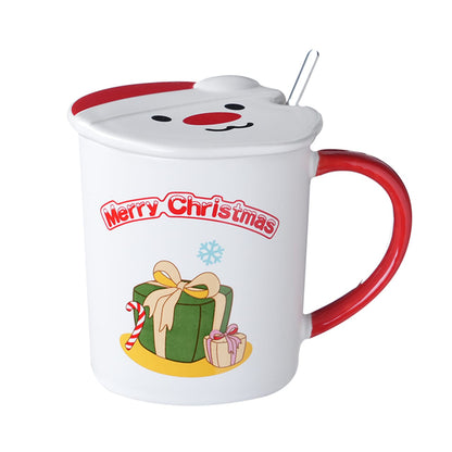 Santa print ceramic mug with santa lid and spoon