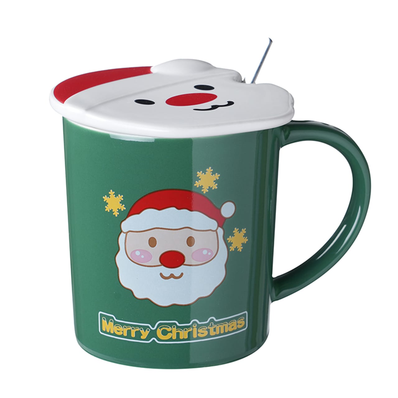 Santa print ceramic mug with santa lid and spoon