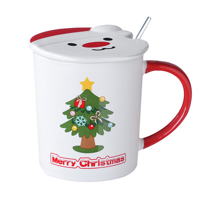 Santa print ceramic mug with santa lid and spoon