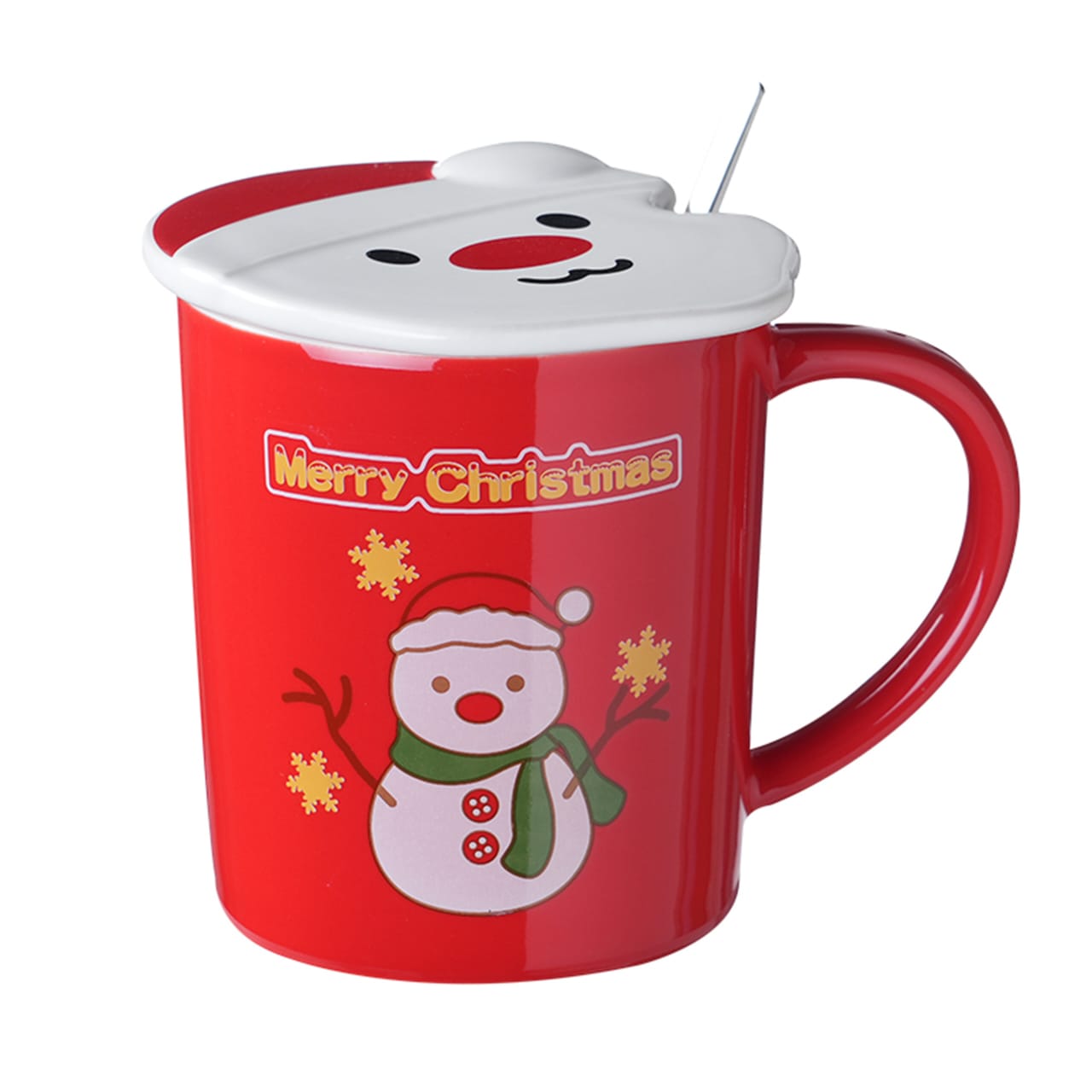 Santa print ceramic mug with santa lid and spoon