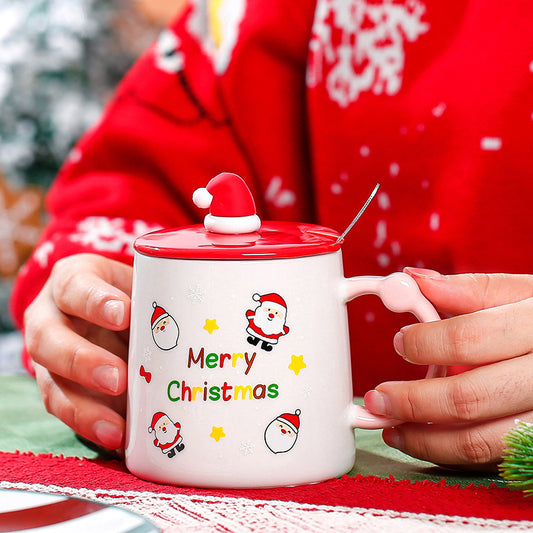 Santa printed ceramic mug with wooden lid and spoon