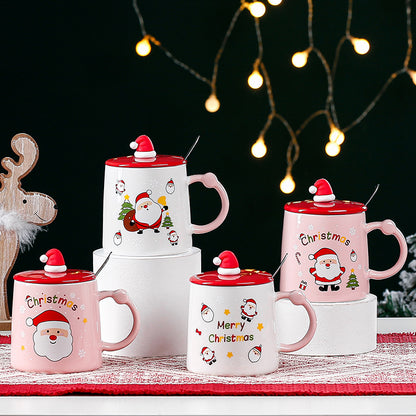 Santa printed ceramic mug with wooden lid and spoon