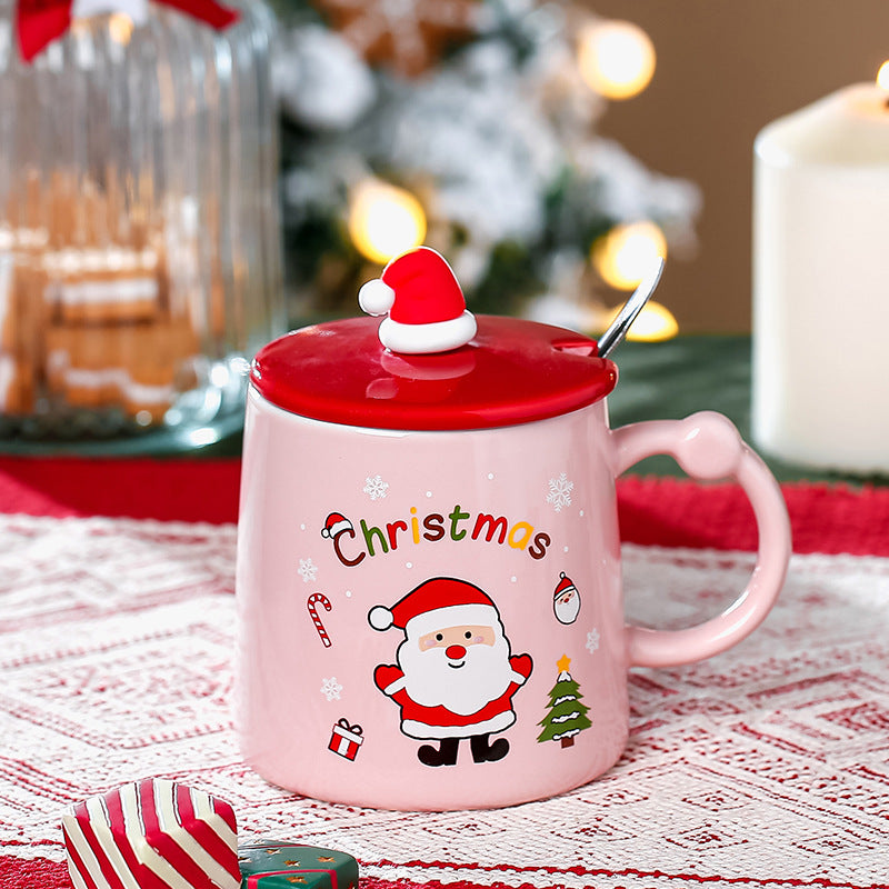 Santa printed ceramic mug with wooden lid and spoon