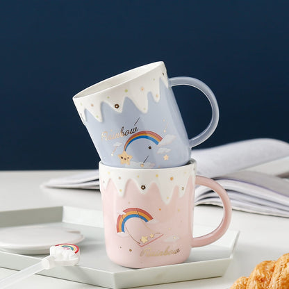 Rainbow Ice Cream Ceramic Coffee Mug With Lid And Straw