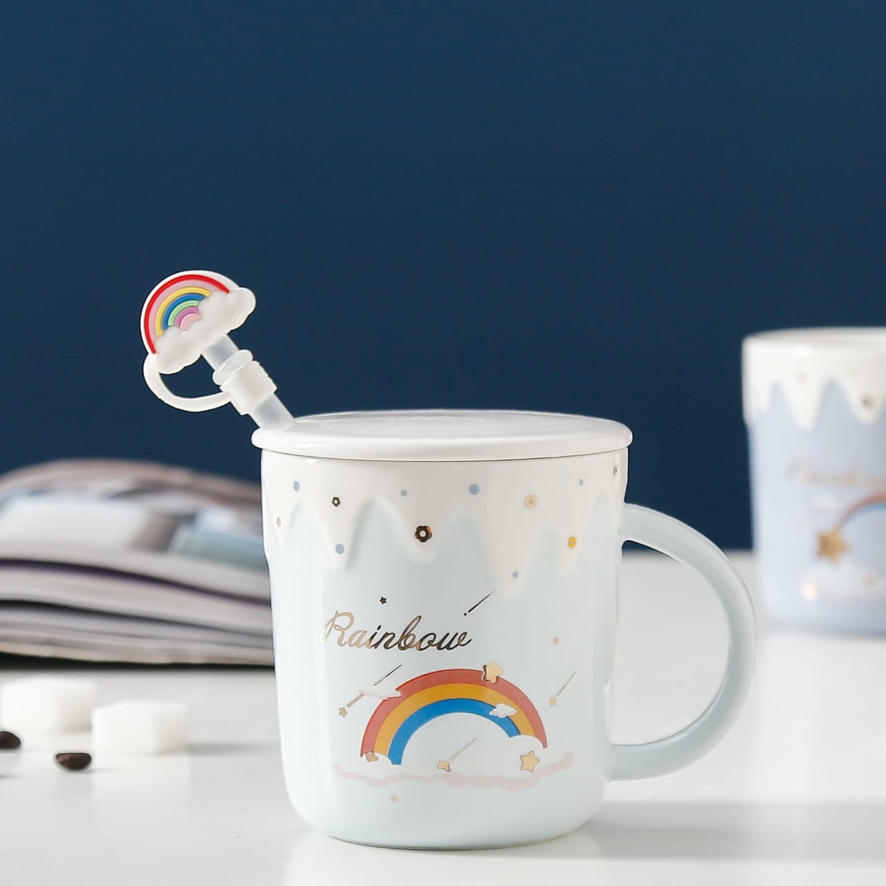 Rainbow Ice Cream Ceramic Coffee Mug With Lid And Straw