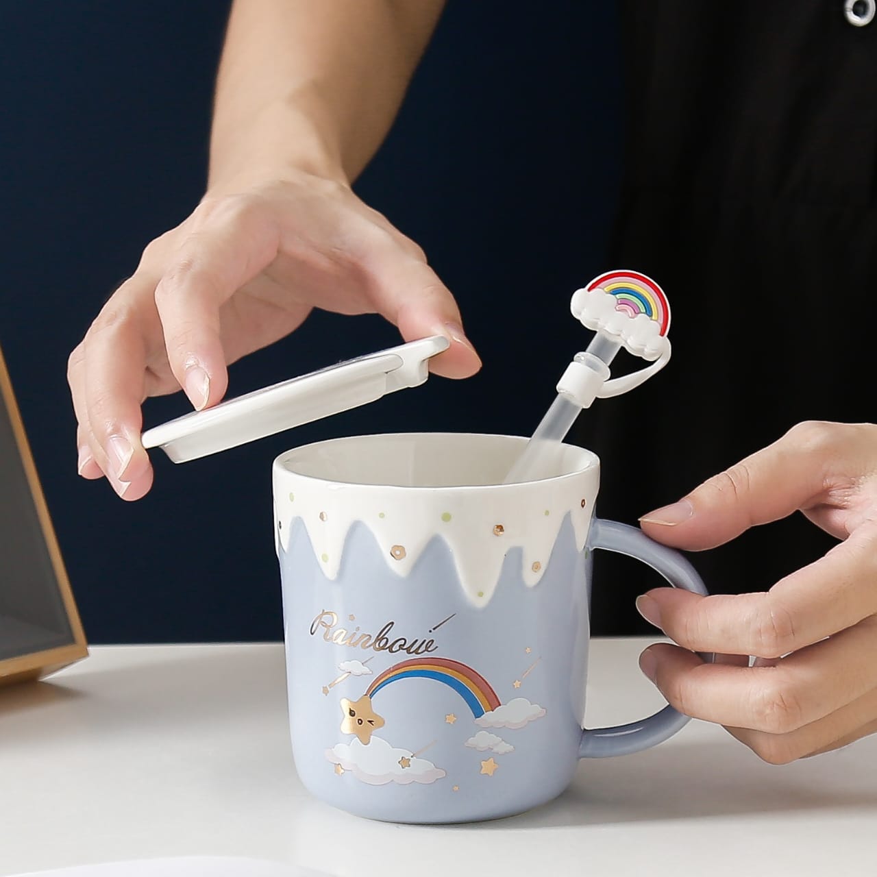 Rainbow Ice Cream Ceramic Coffee Mug With Lid And Straw