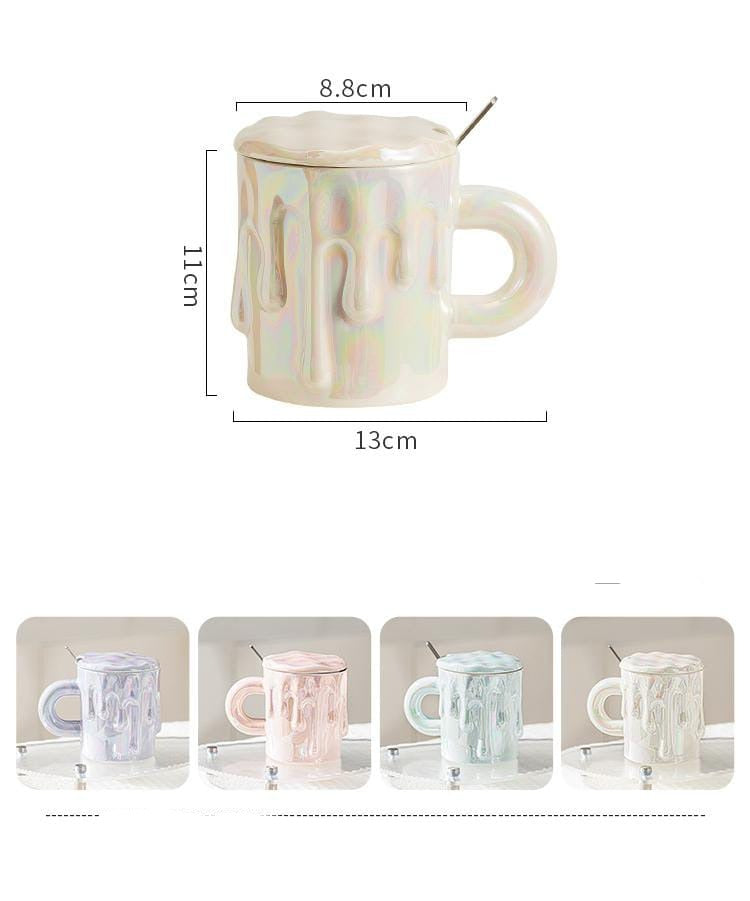 Holographic Melting Wax Ceramic Mug With Lid And Spoon - Assorted