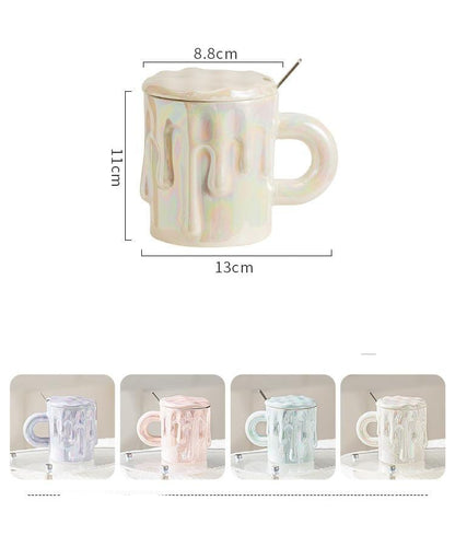 Holographic Melting Wax Ceramic Mug With Lid And Spoon - Assorted