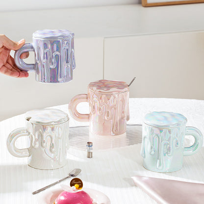 Holographic Melting Wax Ceramic Mug With Lid And Spoon - Assorted