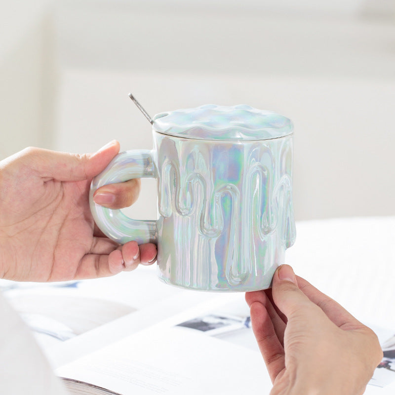 Holographic Melting Wax Ceramic Mug With Lid And Spoon - Assorted