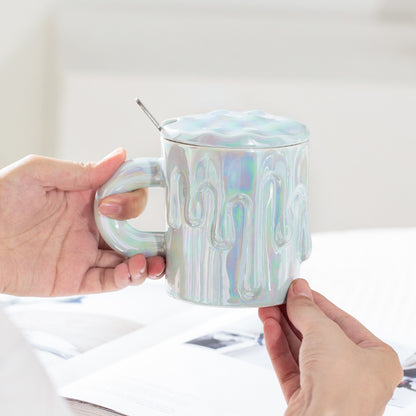 Holographic Melting Wax Ceramic Mug With Lid And Spoon - Assorted