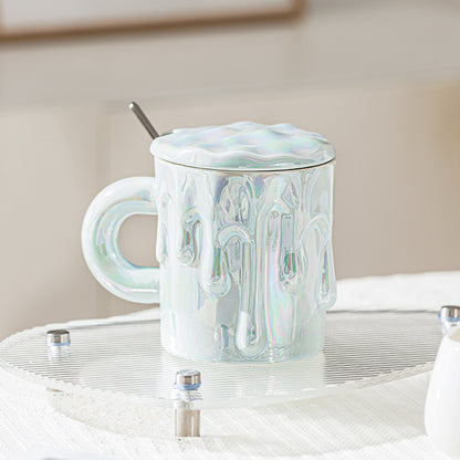 Holographic Melting Wax Ceramic Mug With Lid And Spoon - Assorted