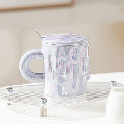 Holographic Melting Wax Ceramic Mug With Lid And Spoon - Assorted