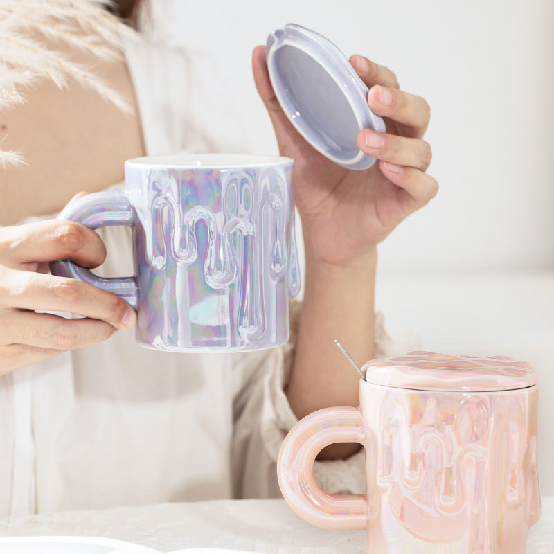 Holographic Melting Wax Ceramic Mug With Lid And Spoon - Assorted