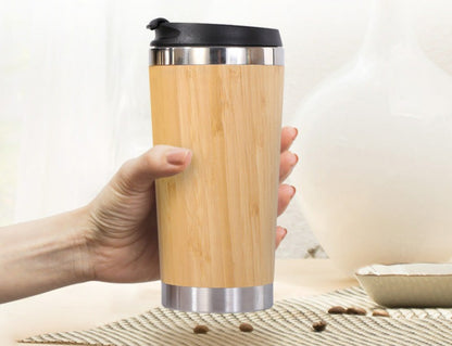 Stainless Steel Bamboo Tumbler with Removable Lid 15 Ounce, Travel Tumbler Mug